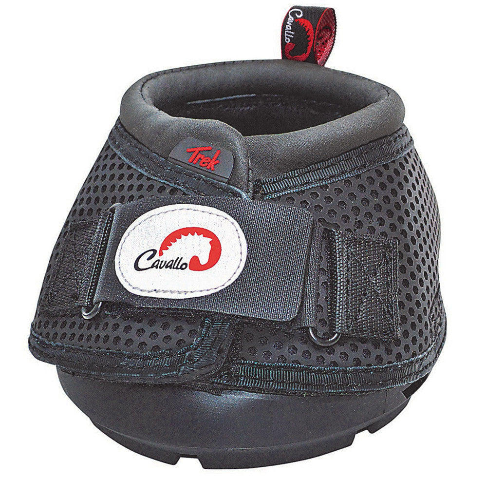 Black mesh hoof boot with a hook and loop strap, padded collar and rubber sole, front view