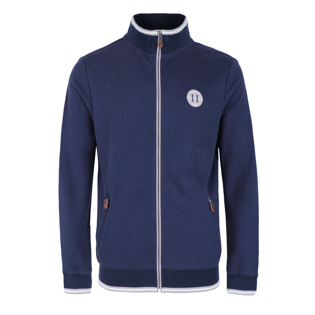 Navy zip-up sweater with a white H crest patch and white tipped trim, front view