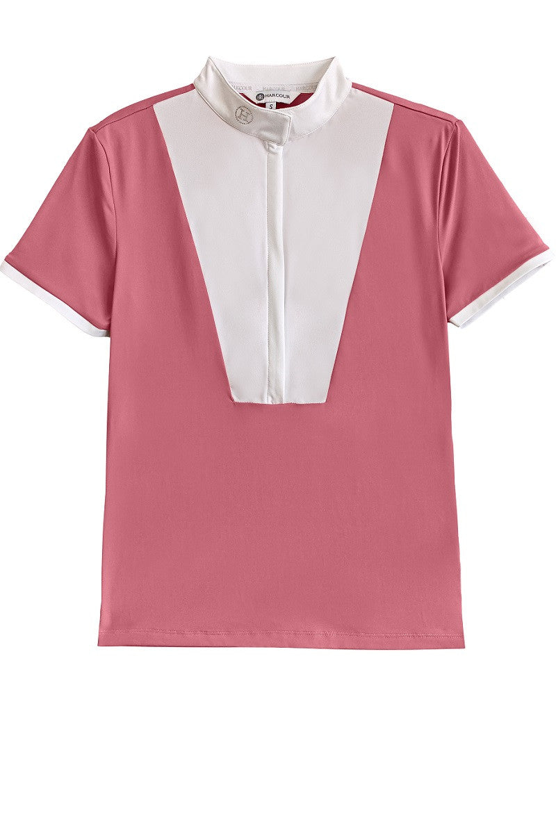 Rose pink short sleeve show shirt with a white bib front and white cuffs, laid flat on white