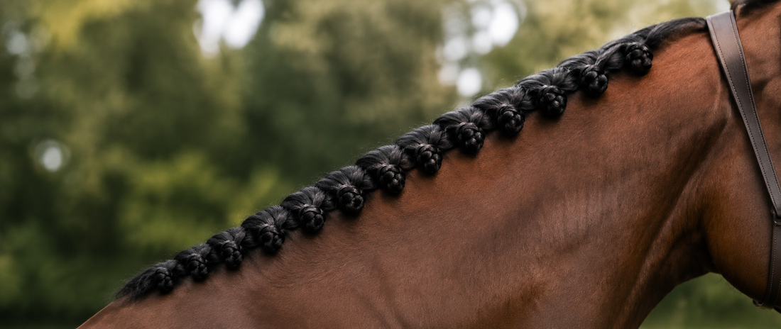 A braided horse mane prepared for competition