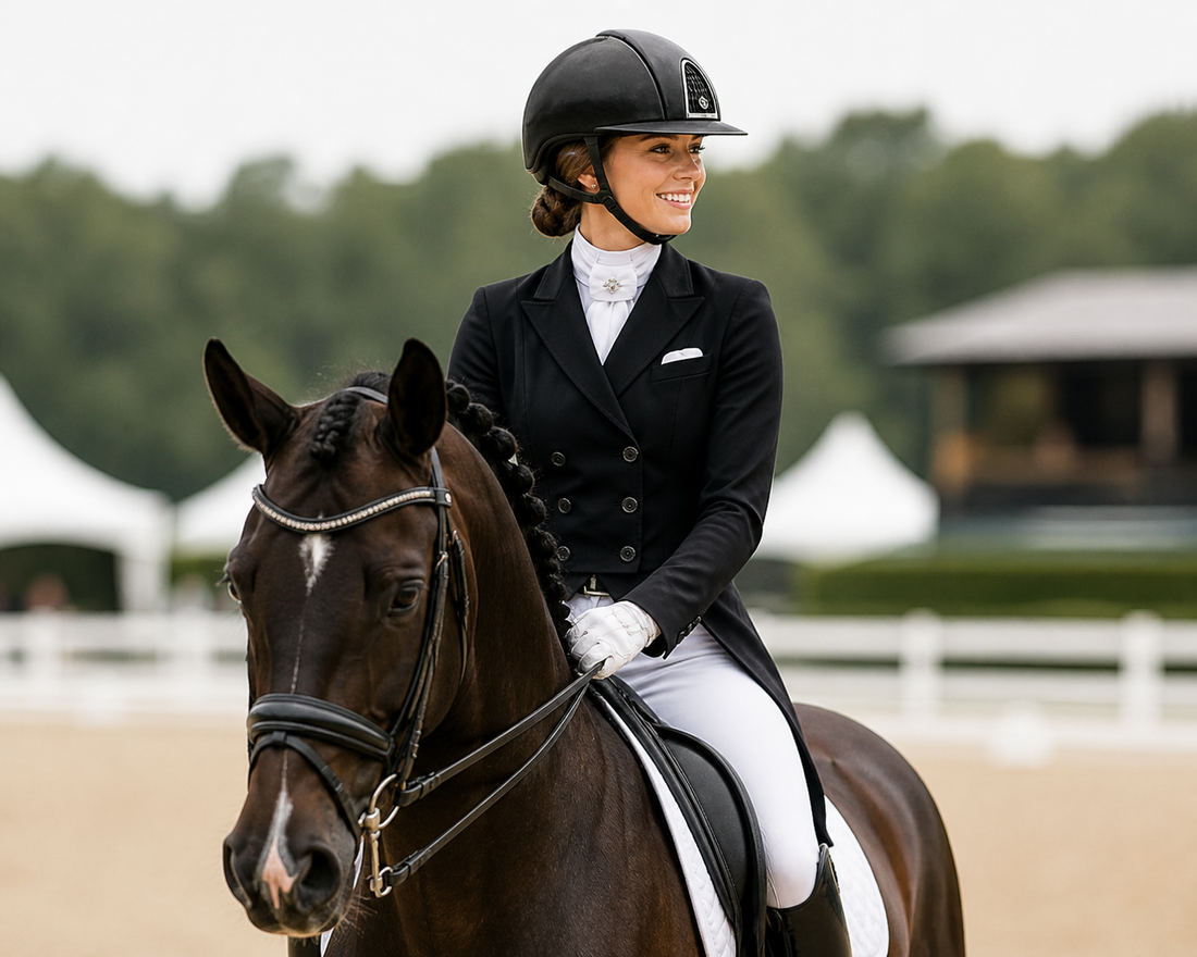 English rider in correct show ring attire, shadbelly coat, white breeches, tall boots, show attire guide by Canter and Crest