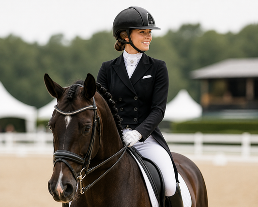 English rider in correct show ring attire, shadbelly coat, white breeches, tall boots, show attire guide by Canter and Crest