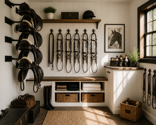 Organized tack room with saddle racks and bridle hooks, equestrian barn organization system by Canter and Crest