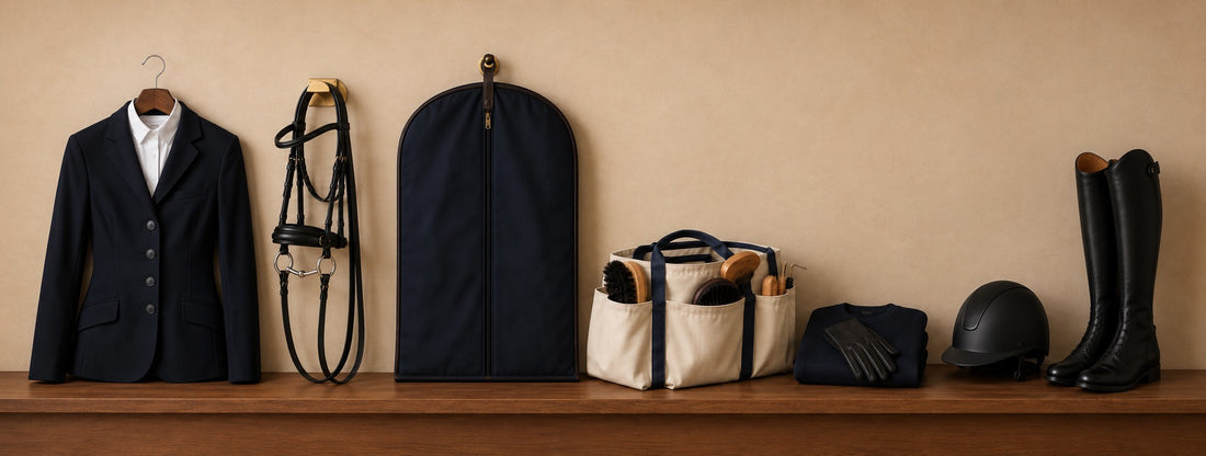 Navy show jacket on a hanger, a black snaffle bridle on a brass half-moon hook, a navy garment bag, a canvas grooming tote, a folded navy sweater with gloves, a black helmet and tall boots on a walnut shelf