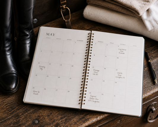 Equestrian show season planner with weekly schedule marked, horse show planning system by Canter and Crest