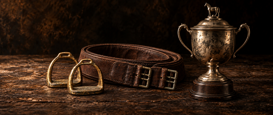 A vintage leather girth, brass stirrup irons and a silver trophy on an oak table