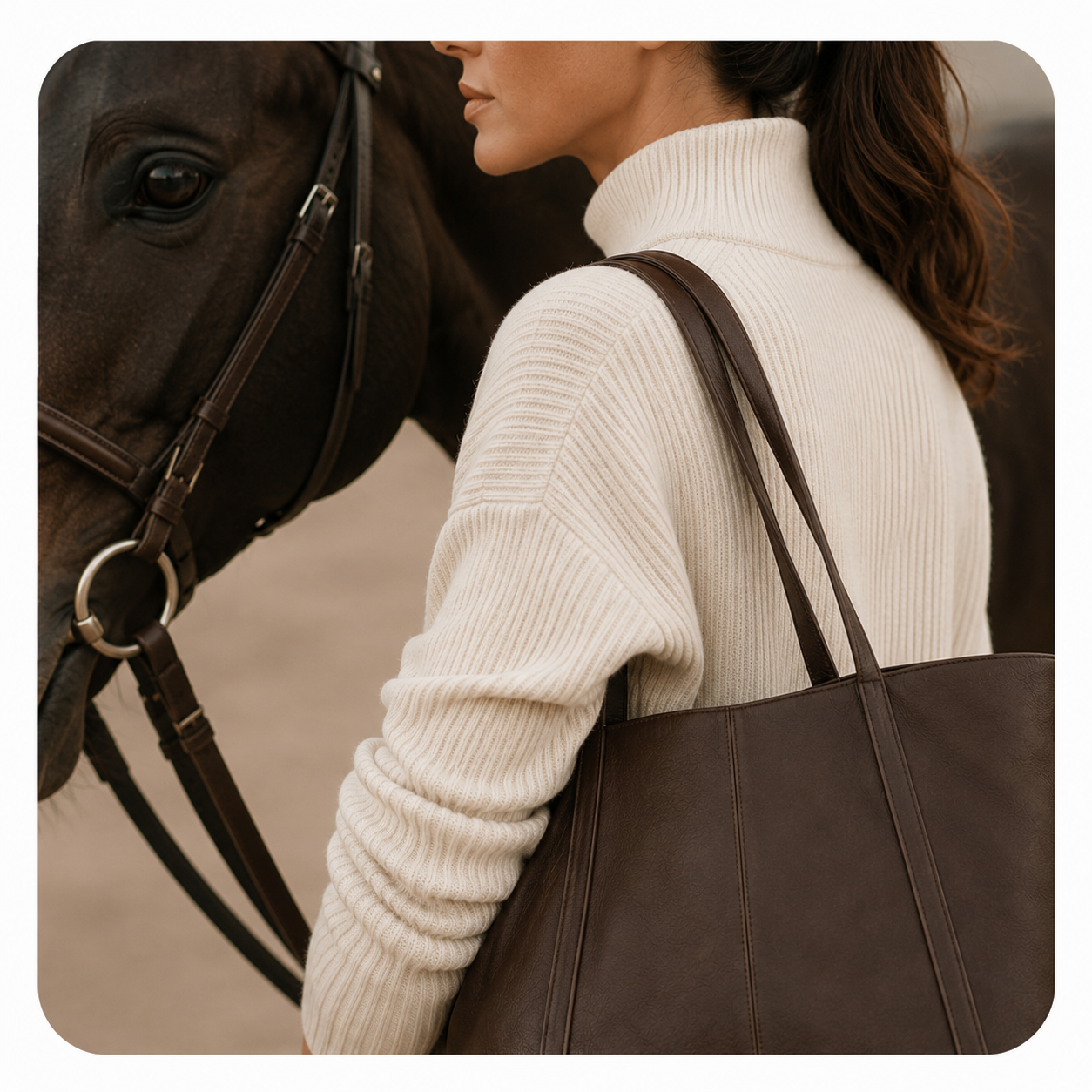 Equestrian Apparel for everyday life woman with dark bay horse in cream sweater