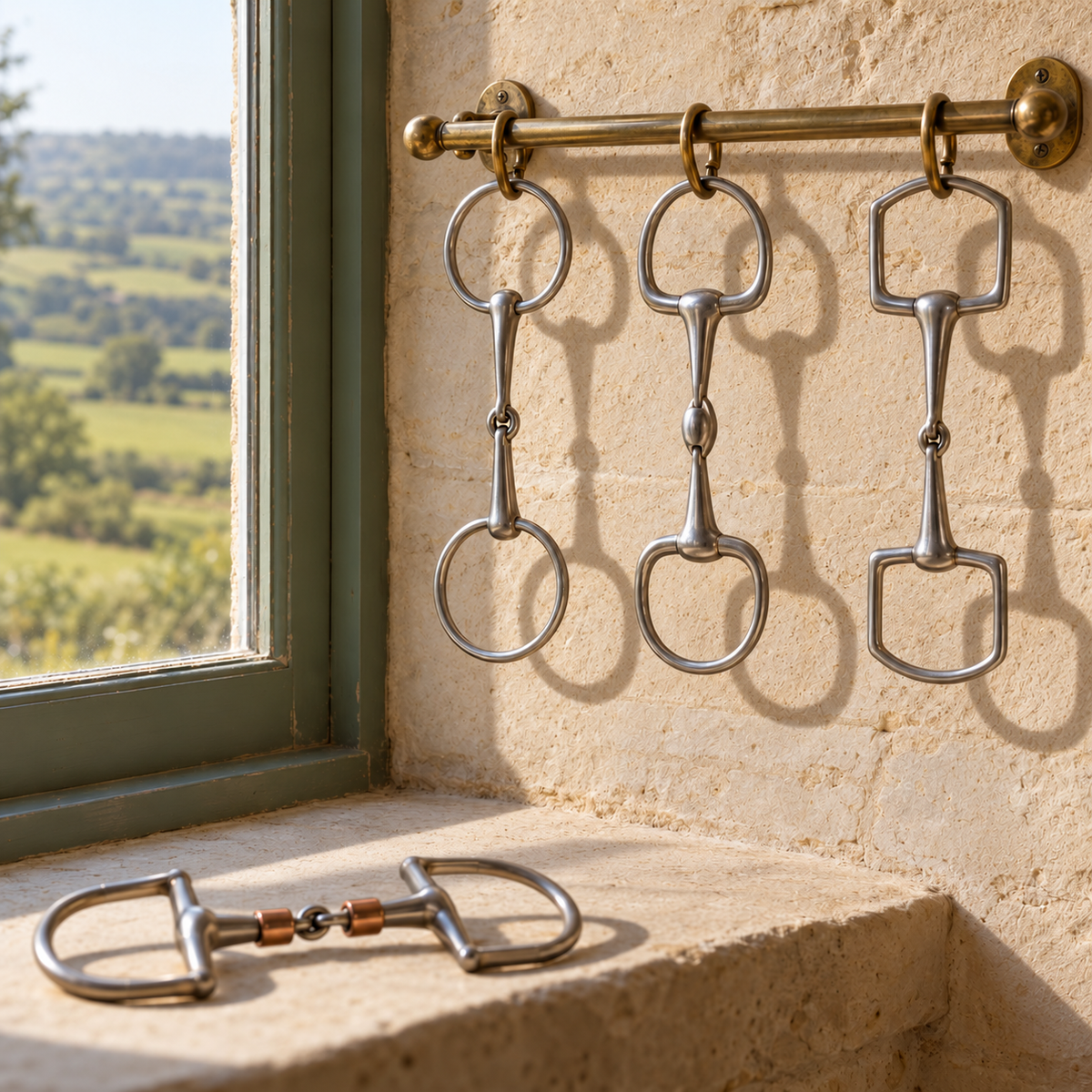 Three stainless steel snaffle bits, a loose ring, an eggbutt and a D-ring, hanging from a brass rail on a limestone wall beside a sage green window, with a copper roller D-ring bit resting on the sill