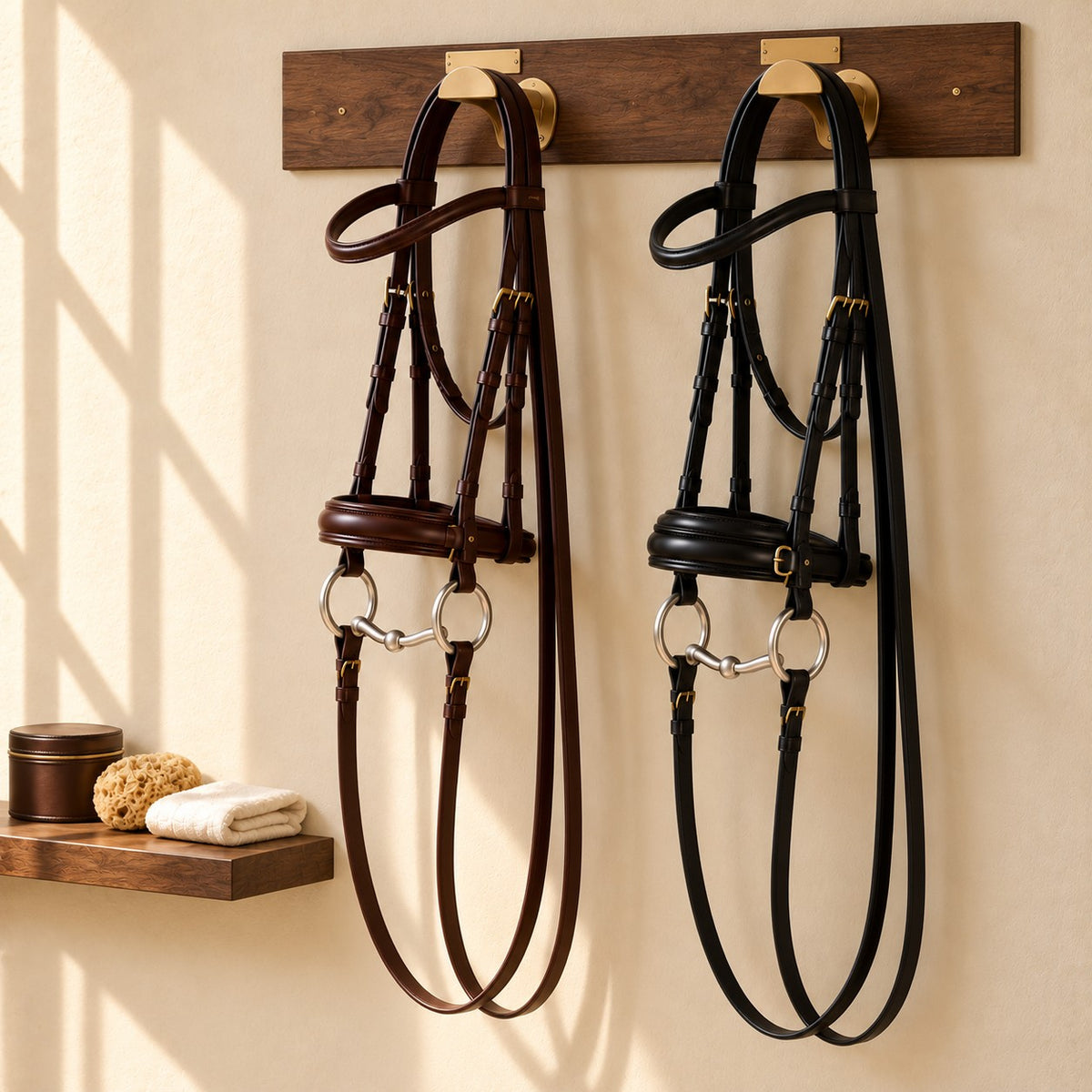 Havana brown and black leather snaffle bridles on brass half-moon hooks on a walnut tack board, cream plaster wall, leather care tin and sponge on a walnut shelf