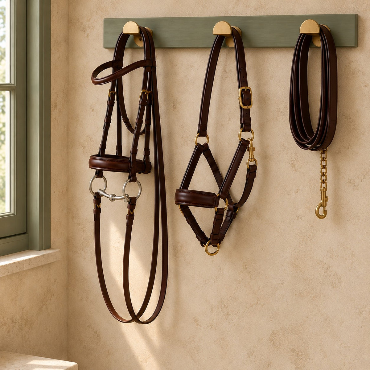 Dark brown leather snaffle bridle with a loose ring bit, a padded leather halter with brass fittings, and a coiled leather lead with a brass chain, each hanging from a brass half-moon bridle hook on a sage green rail against a warm plaster wall