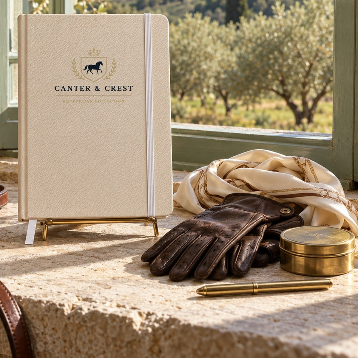 Canter and Crest gift selection on a sage green and limestone surface, with the gold heritage crest lockup