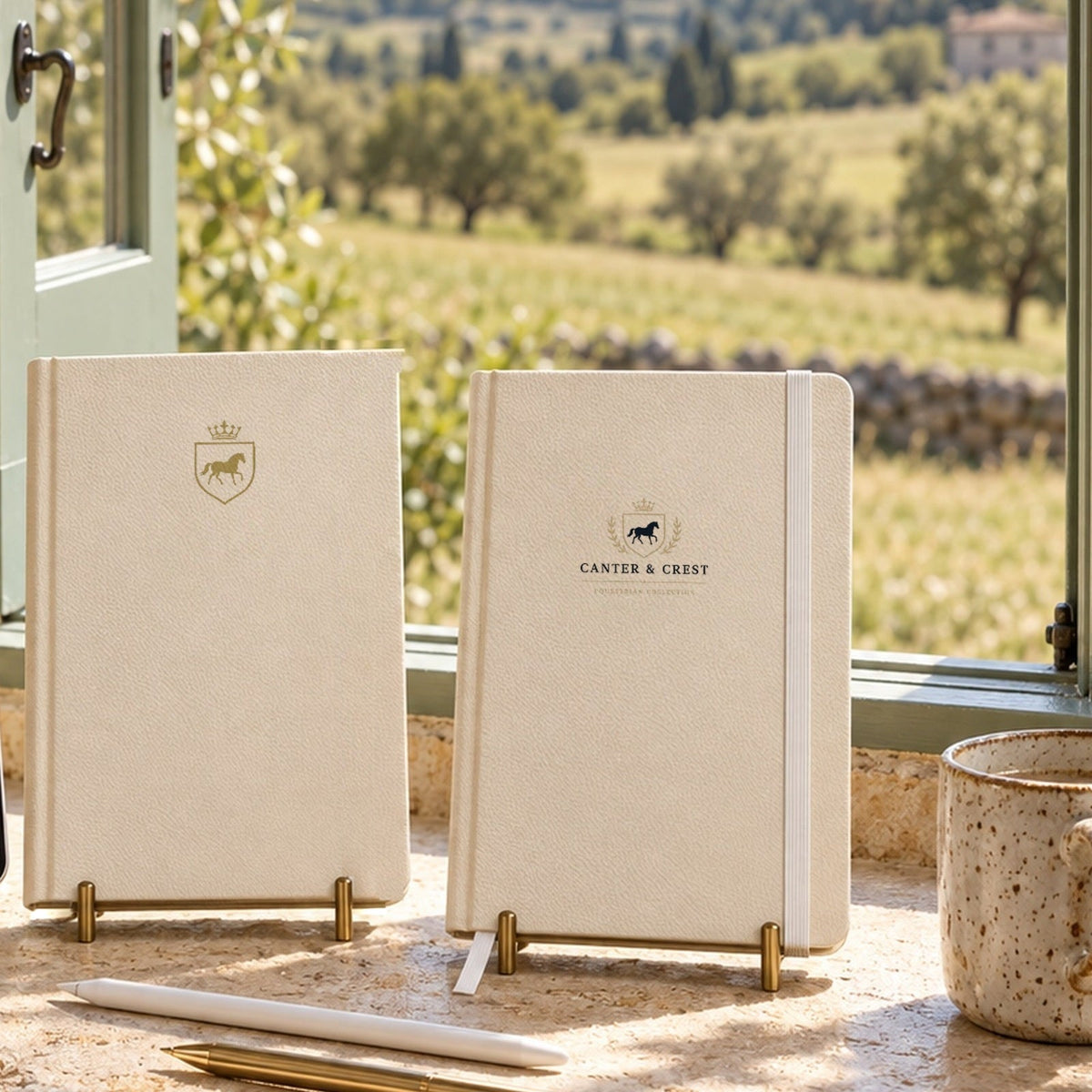 The Canter and Crest Signature Crest Hardcover Journal and Heritage Crest Hardcover Notebook on brass stands in a sunlit window overlooking the countryside