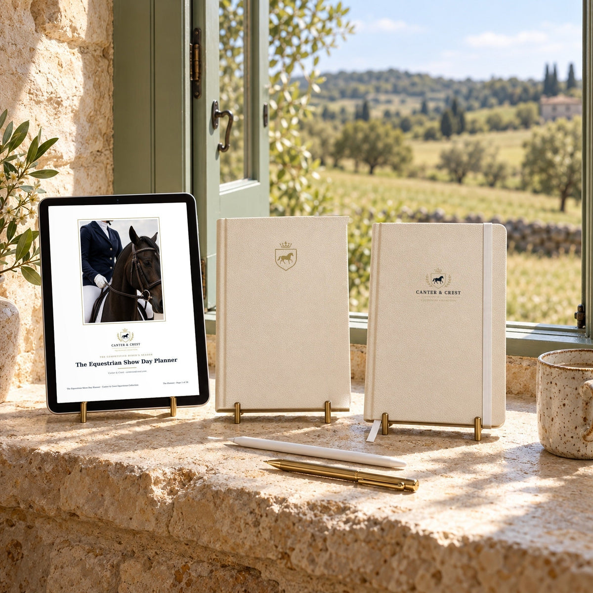 A tablet showing the Equestrian Show Day Planner beside the Canter and Crest Signature Crest Hardcover Journal and Heritage Crest Hardcover Notebook on a sunlit stone windowsill