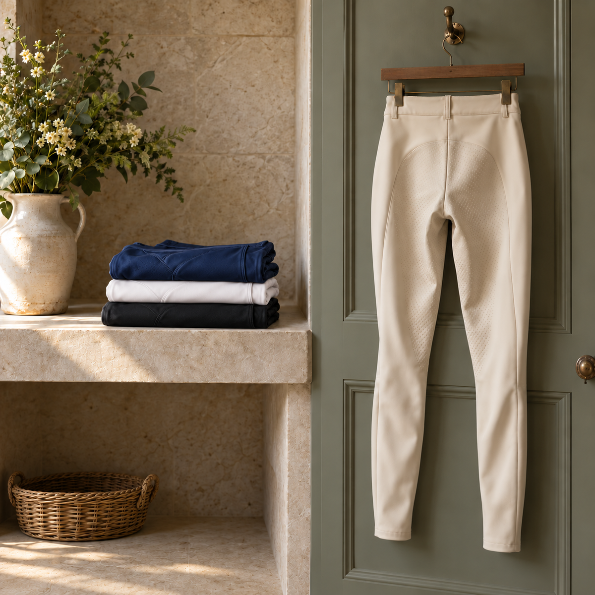 Cream full seat riding breeches hanging from a wooden clip hanger on a sage green door, beside folded navy, white and black breeches on a limestone shelf with a stoneware jug of greenery
