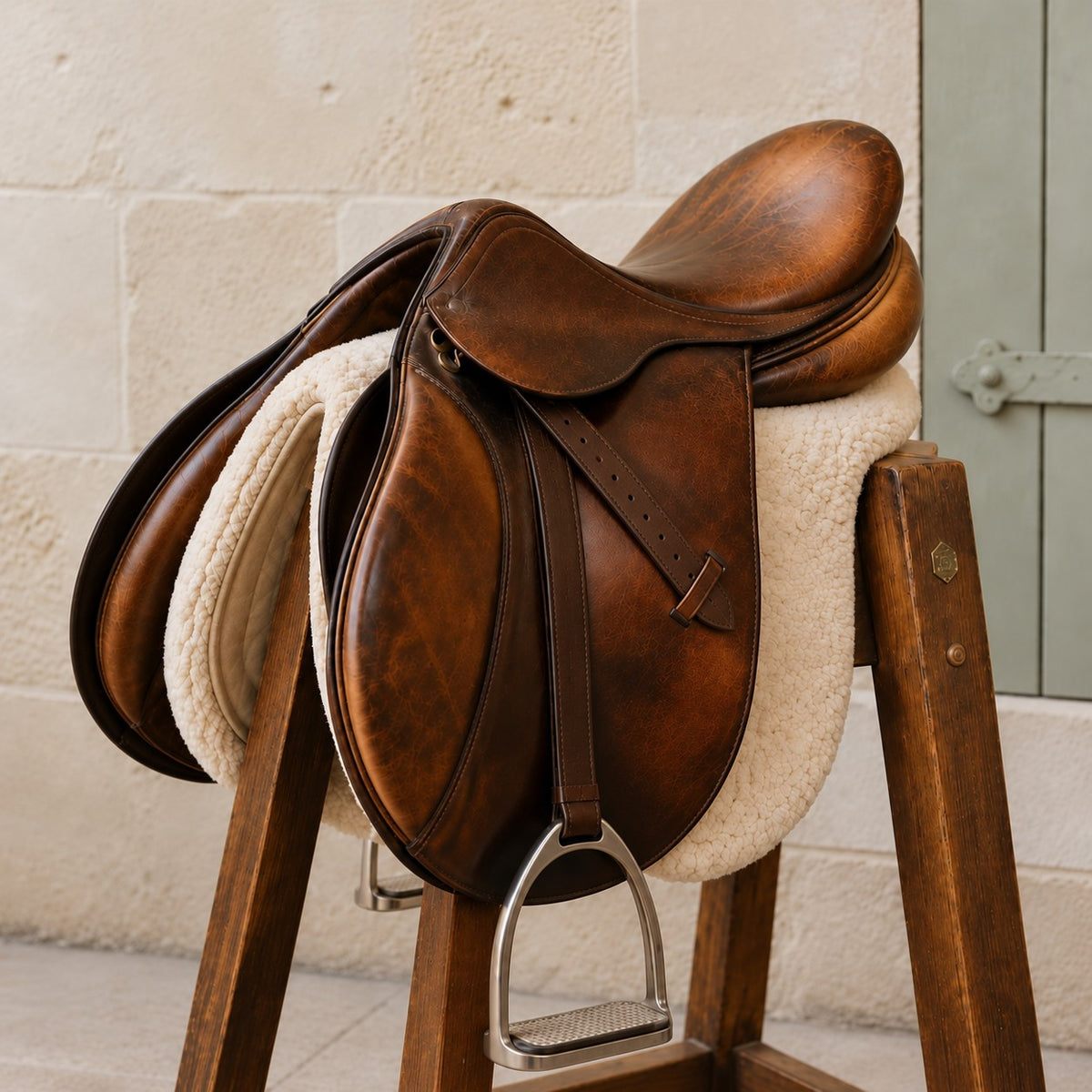 Brown leather English saddle on a wooden saddle stand over a cream fleece pad, with a stainless stirrup iron, against a pale stone wall