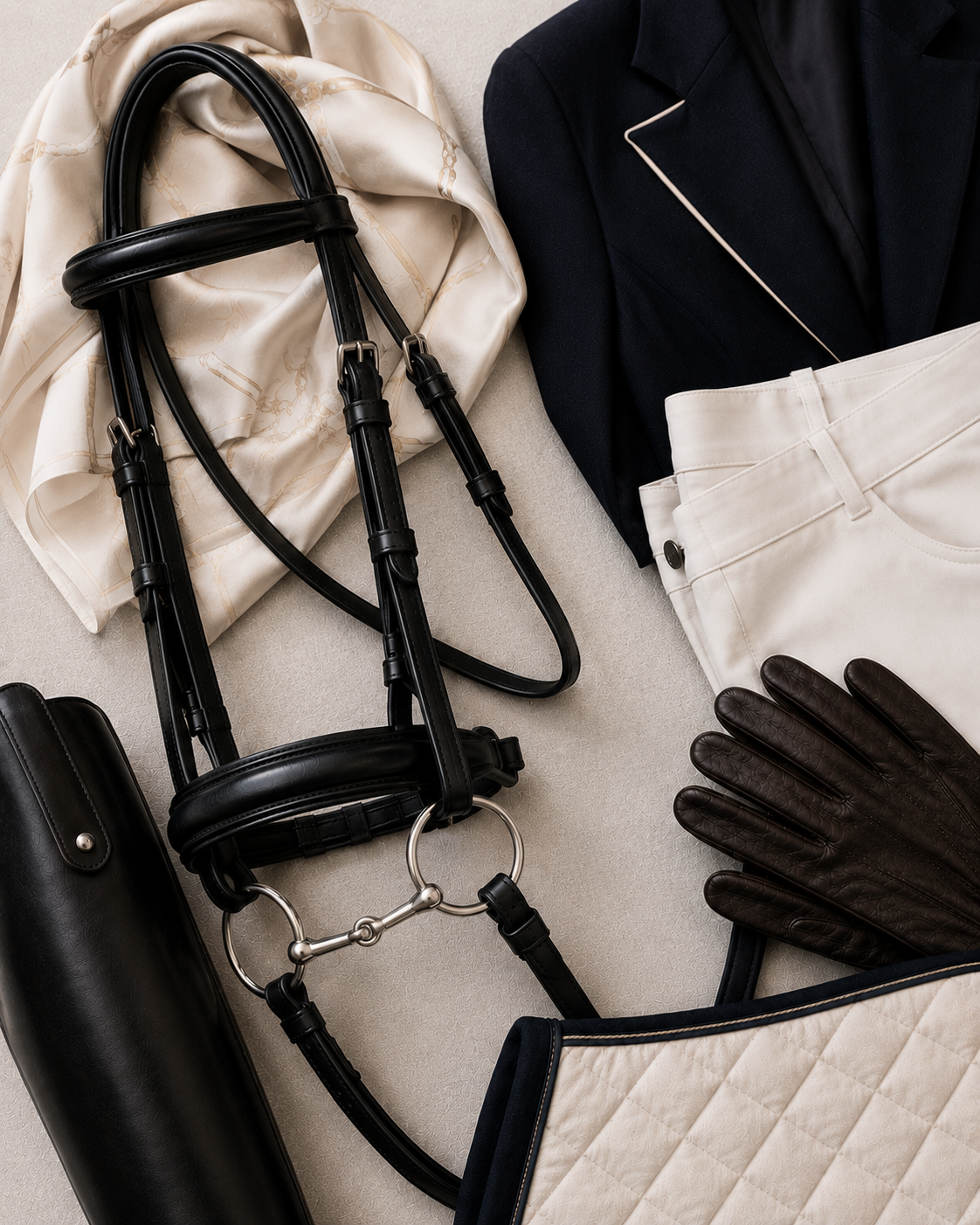 Heritage equestrian gifts arranged together, leather and brass on a soft neutral ground