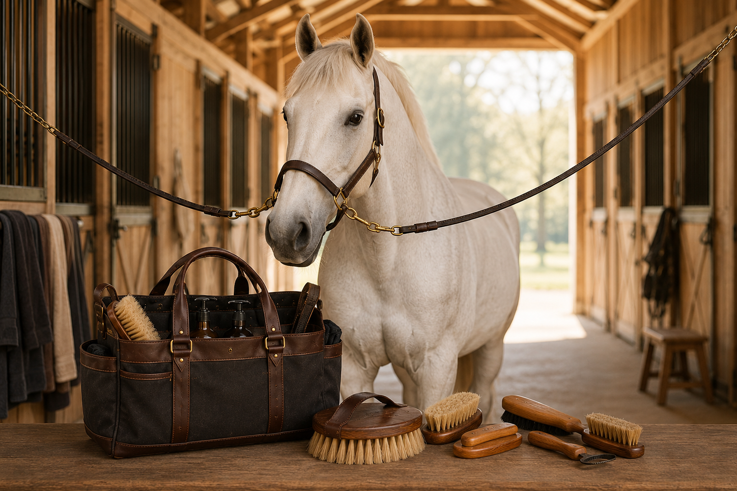 Natural bristle grooming brushes on a barn wood surface with a hand grooming a chestnut horse