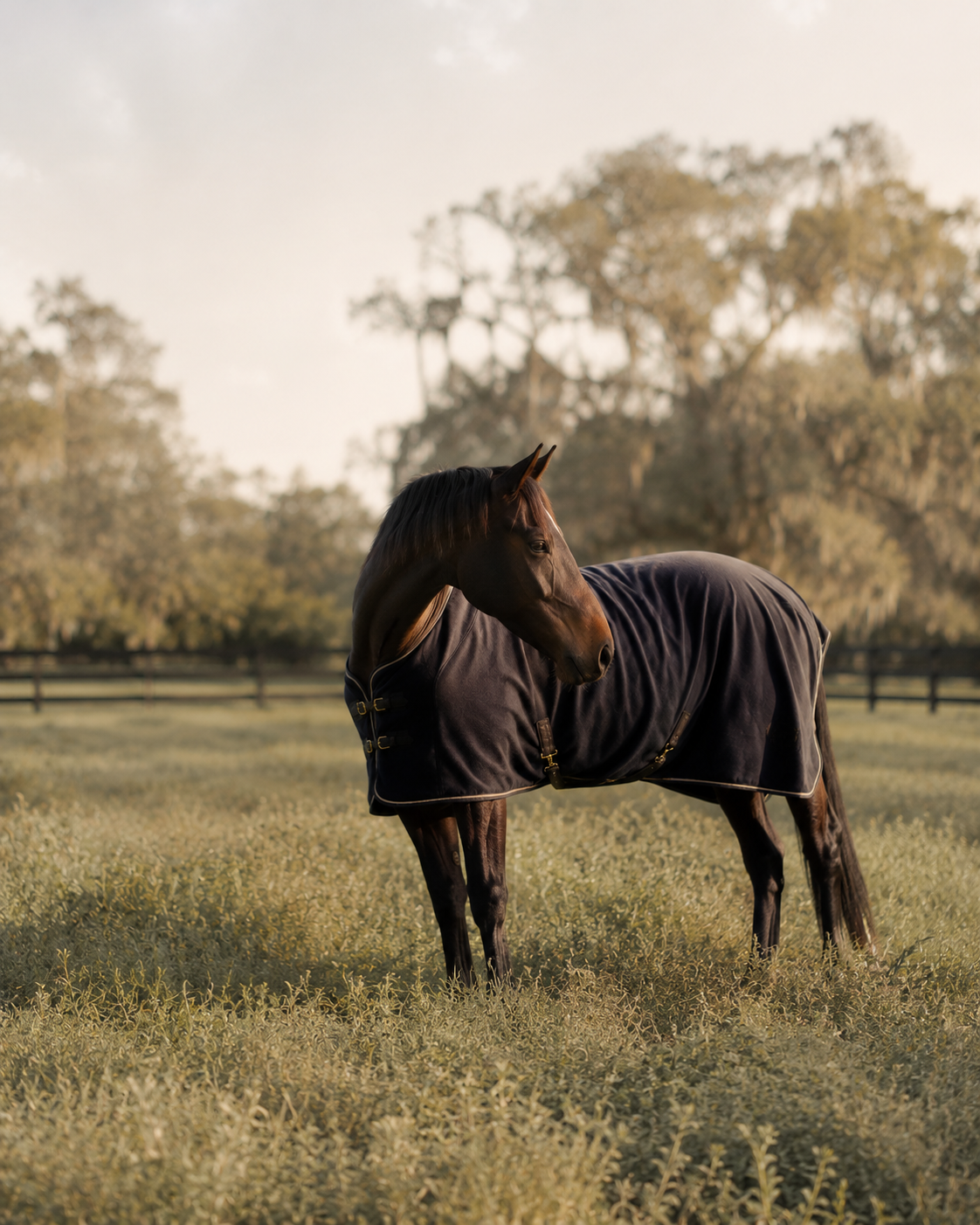 Dark bay horse wearing a dark turnout rug standing in a golden field at dusk