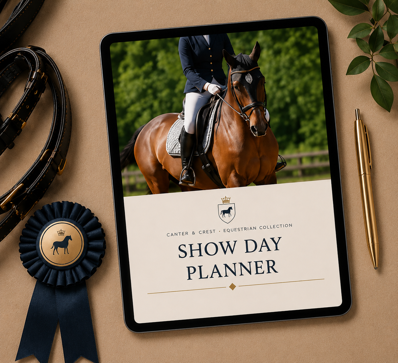 Canter and Crest Show Day Planner digital PDF displayed on a tablet with a show ribbon and equestrian accessories