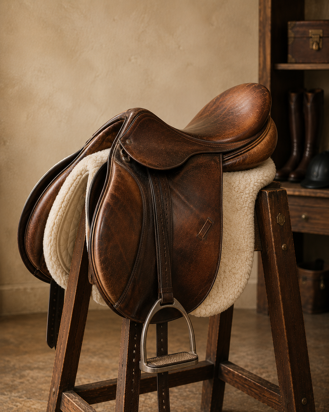 Black dressage saddle on a chestnut horse with a white Canter and Crest embroidered quilted saddle pad in a barn