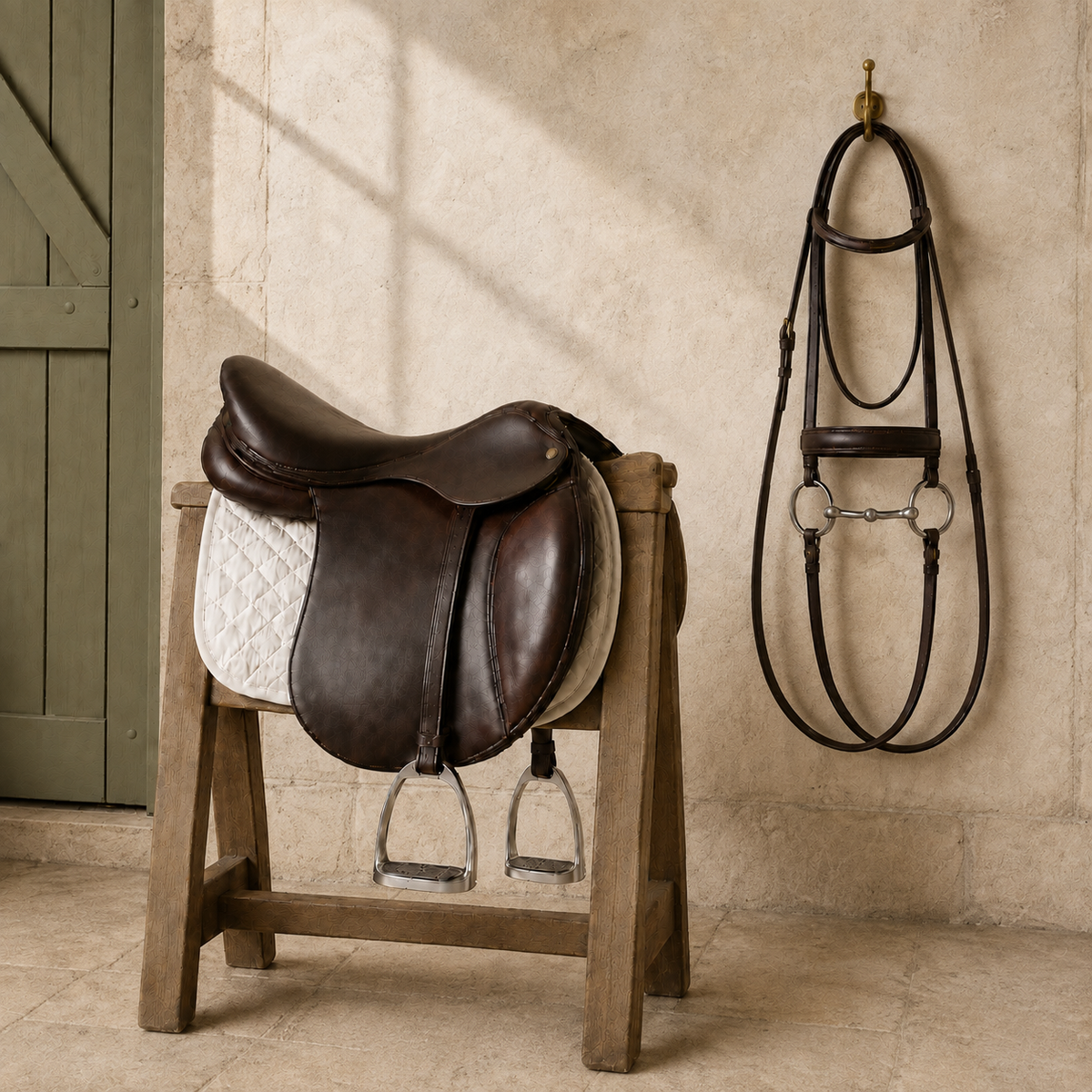 Dark brown leather English saddle on a wooden stand over a cream quilted pad, silver stirrup hanging, beside a leather bridle with a snaffle bit on a brass hook
