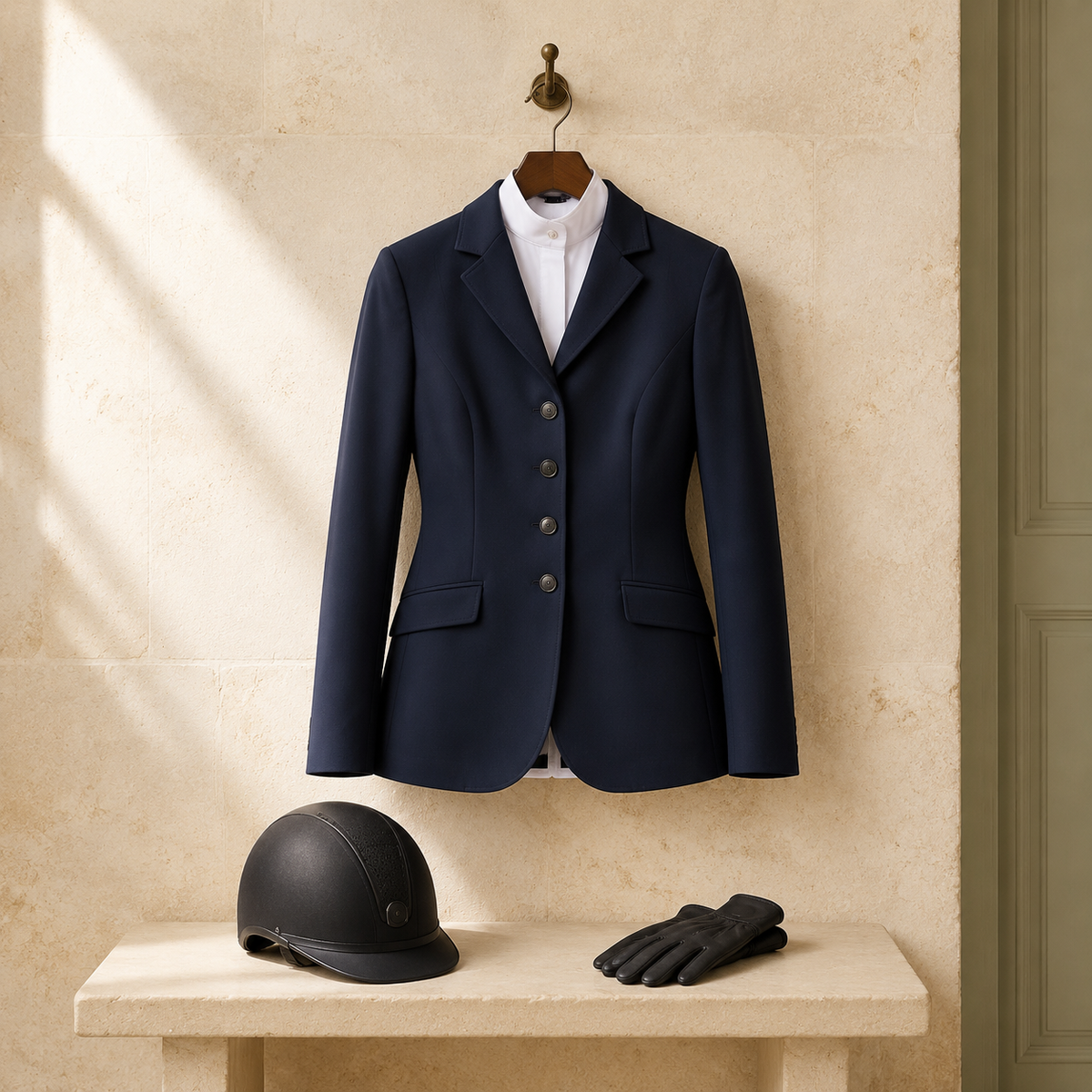 Navy equestrian show coat on a wooden hanger above a black riding helmet and leather gloves on a stone ledge