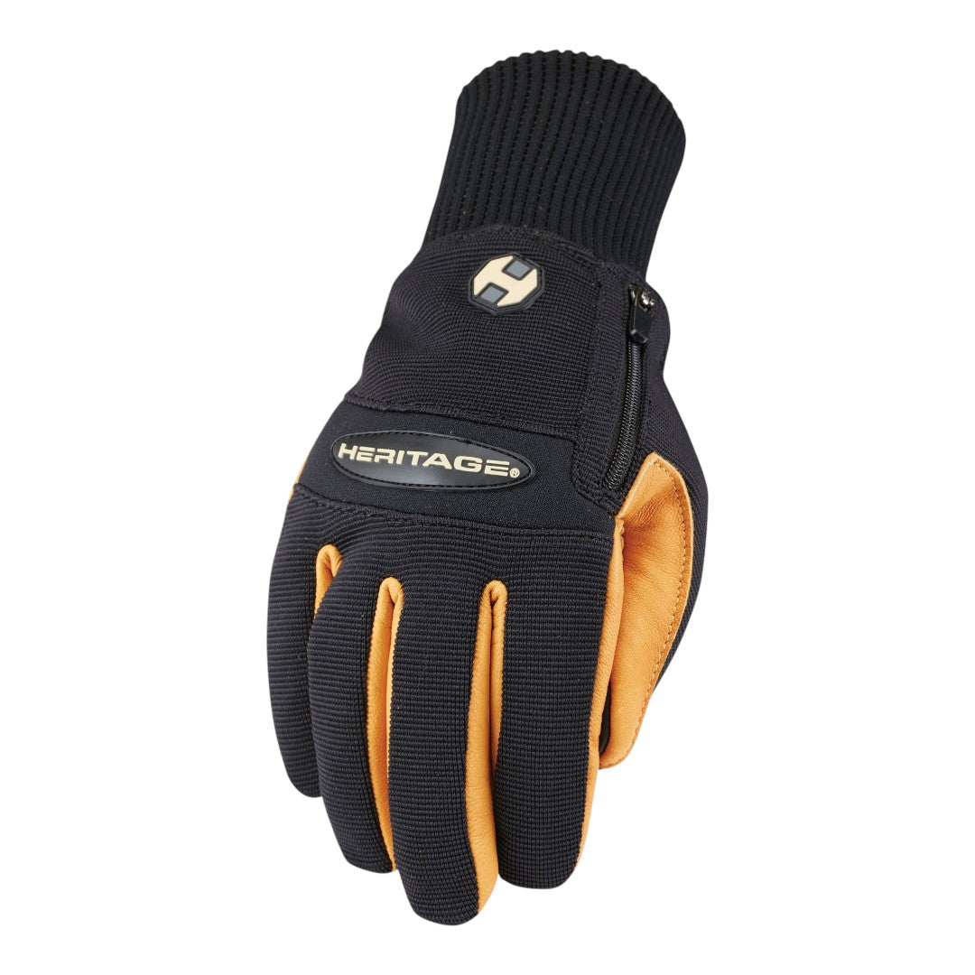 Black knit winter glove with tan leather finger panels and a ribbed knit cuff, back of hand