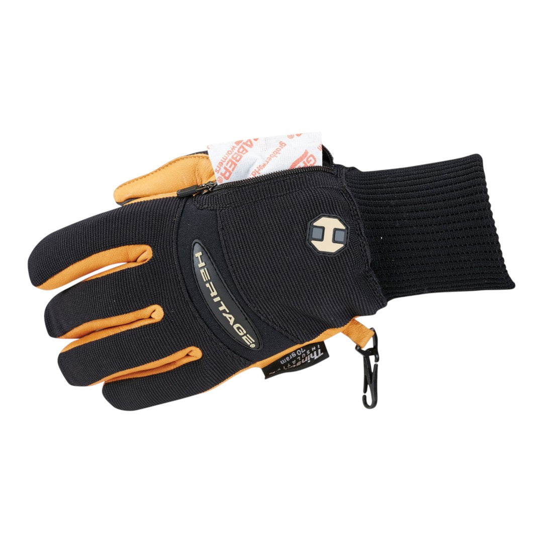 Black and tan winter glove with a ribbed knit cuff and attached clip, side view