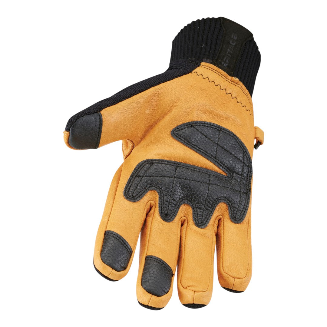 Palm of a winter glove in tan leather with black grip patches and black fingertips