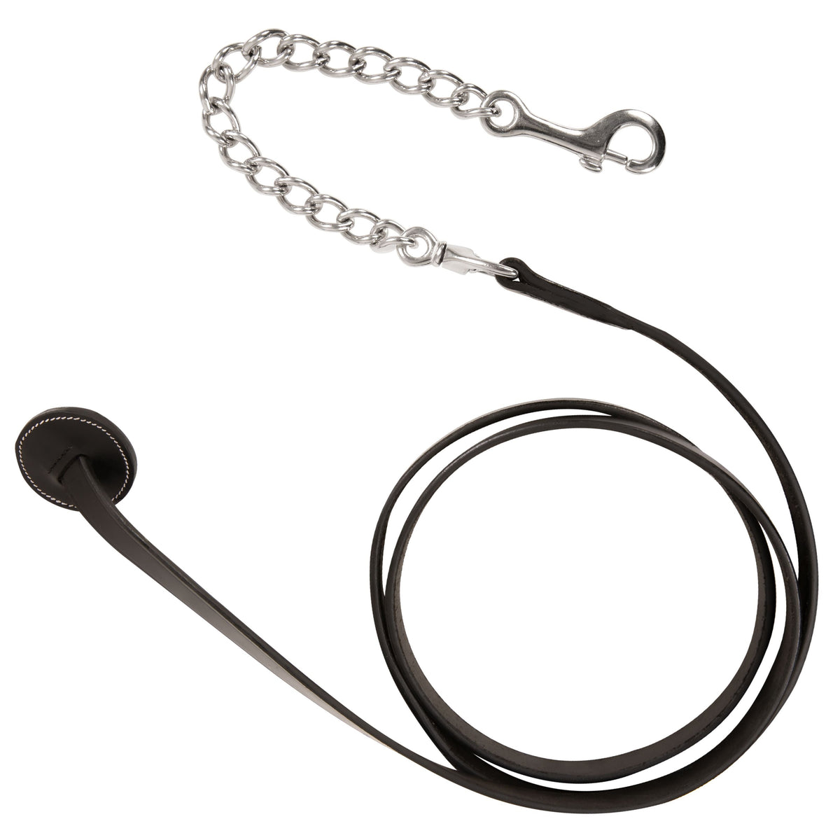 Black leather lead with a round stitched end and a metal chain with a snap, coiled on white