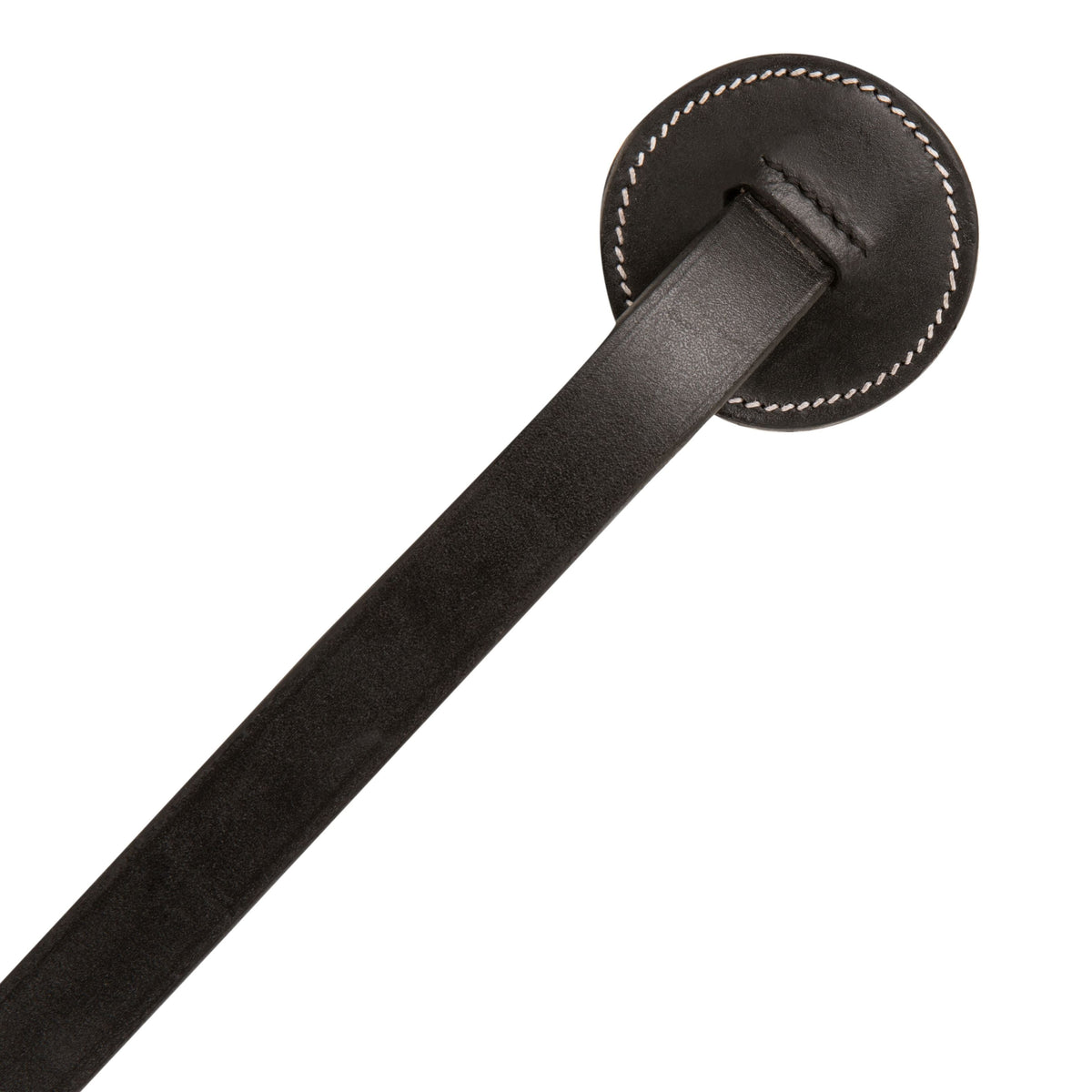 Close-up of the round stitched leather stopper at the hand end of the dark brown lead