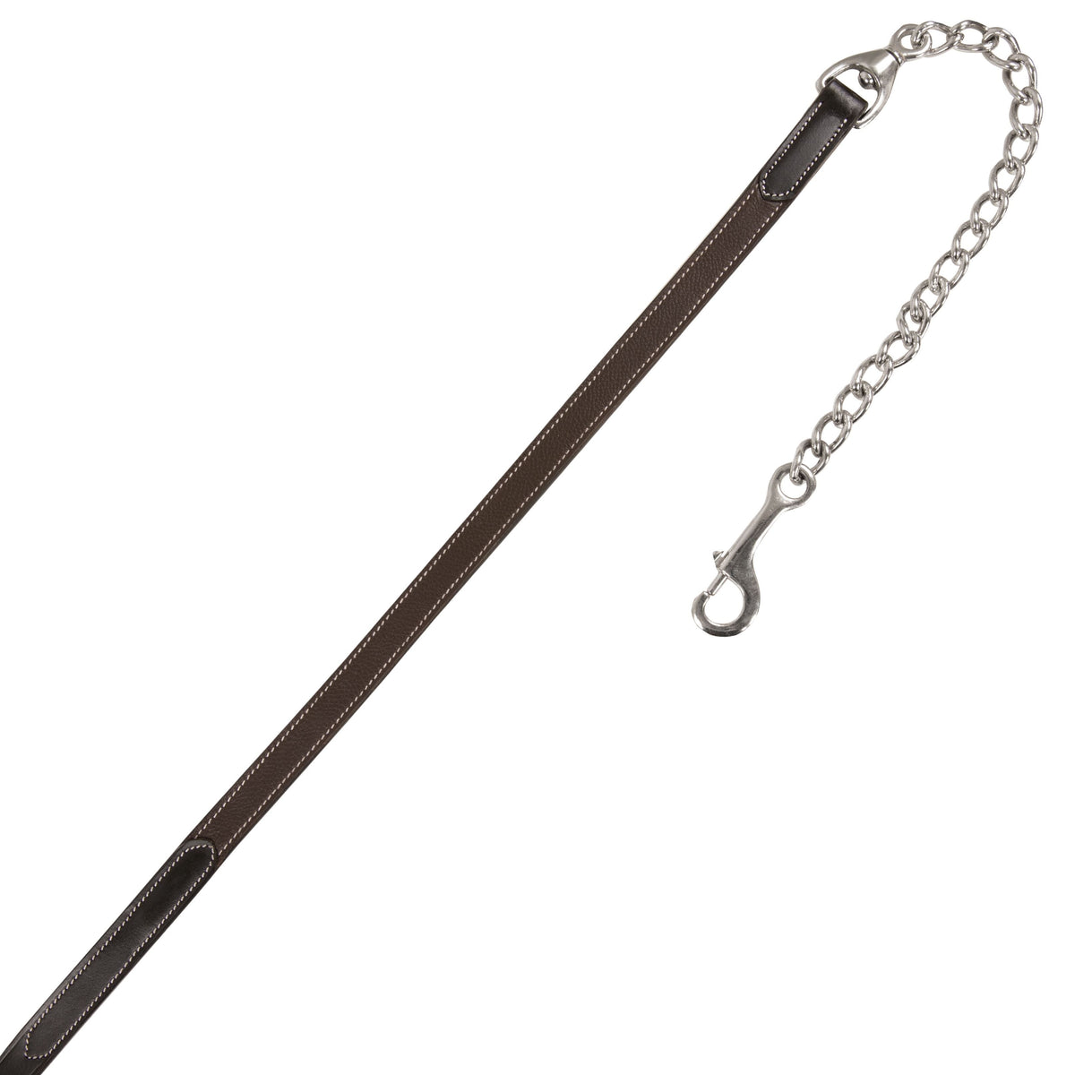 Dark brown leather lead with contrast stitching and a silver tone chain ending in a snap, on white
