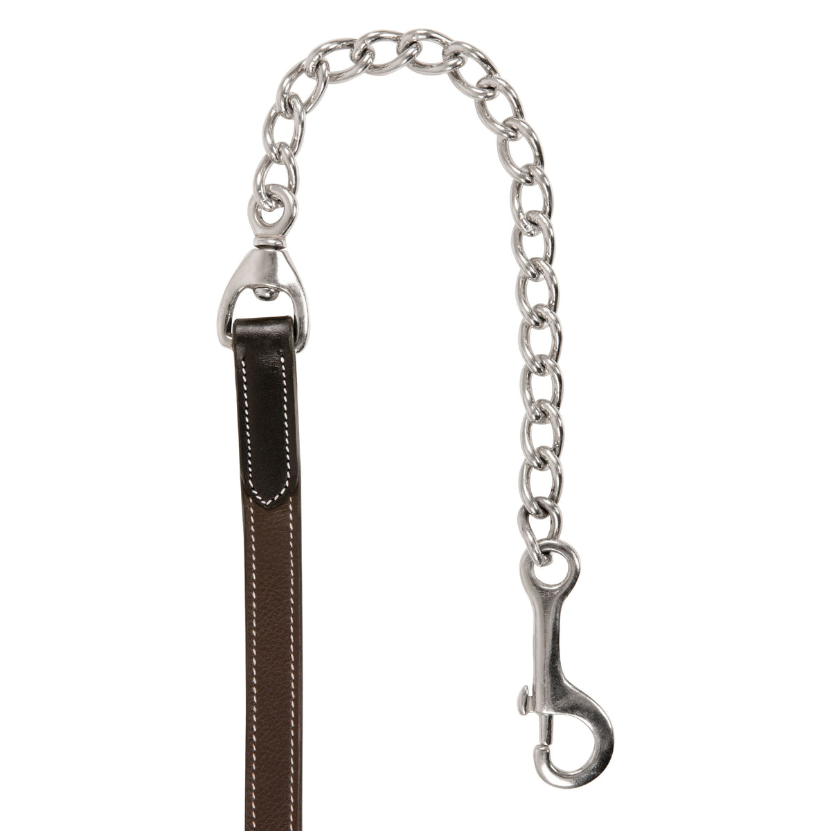 Close-up of the lead's stitched leather end joined to a silver tone chain with a swivel and snap