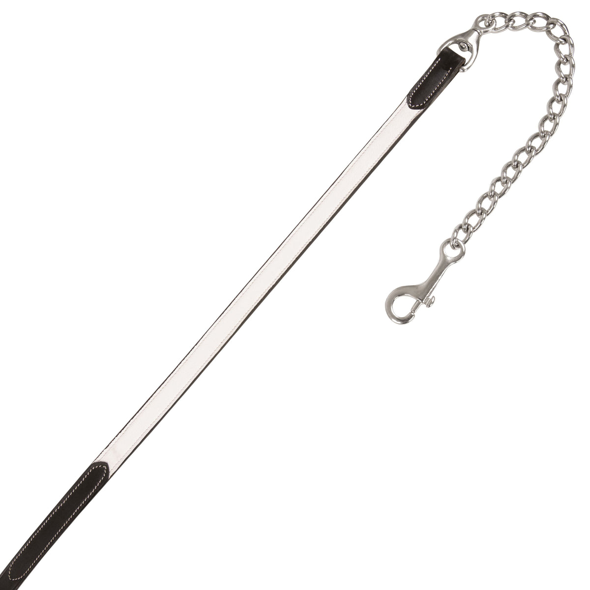 White leather lead with black ends and a metal chain with a snap, on white
