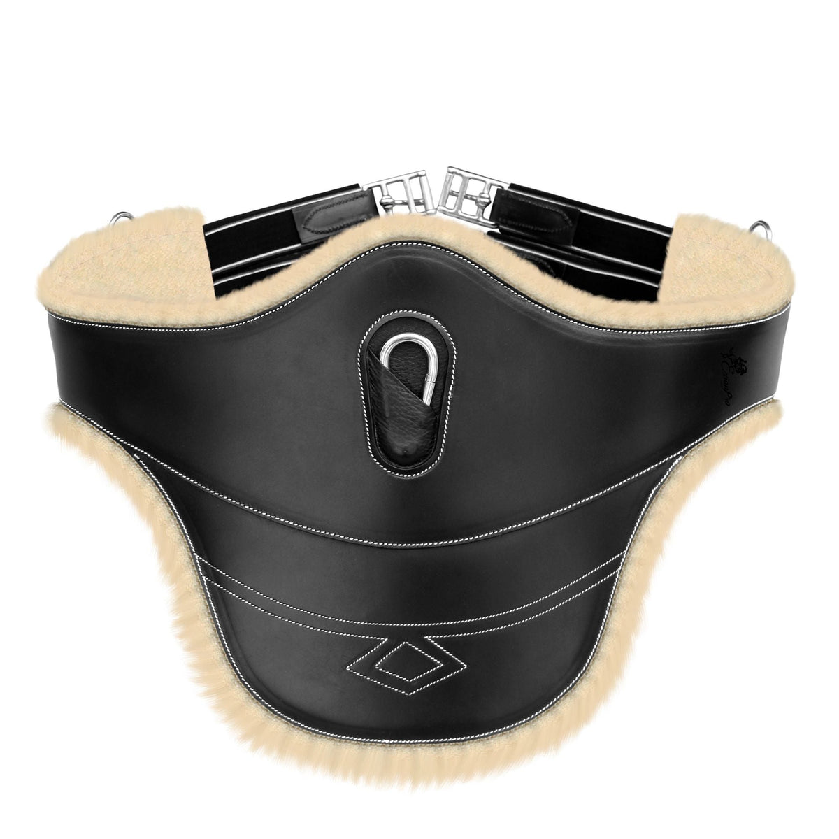 Black belly guard girth with a cream fleece edge, center stud hook and black elastic straps, front view on white