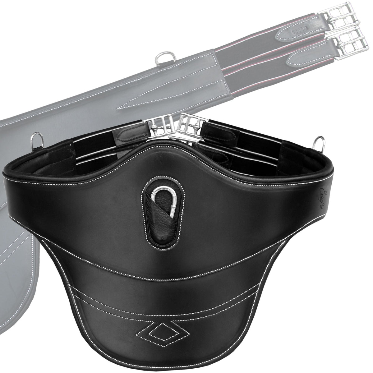 Black belly guard girth with a center stud hook, white contrast stitching and elastic straps with steel buckles