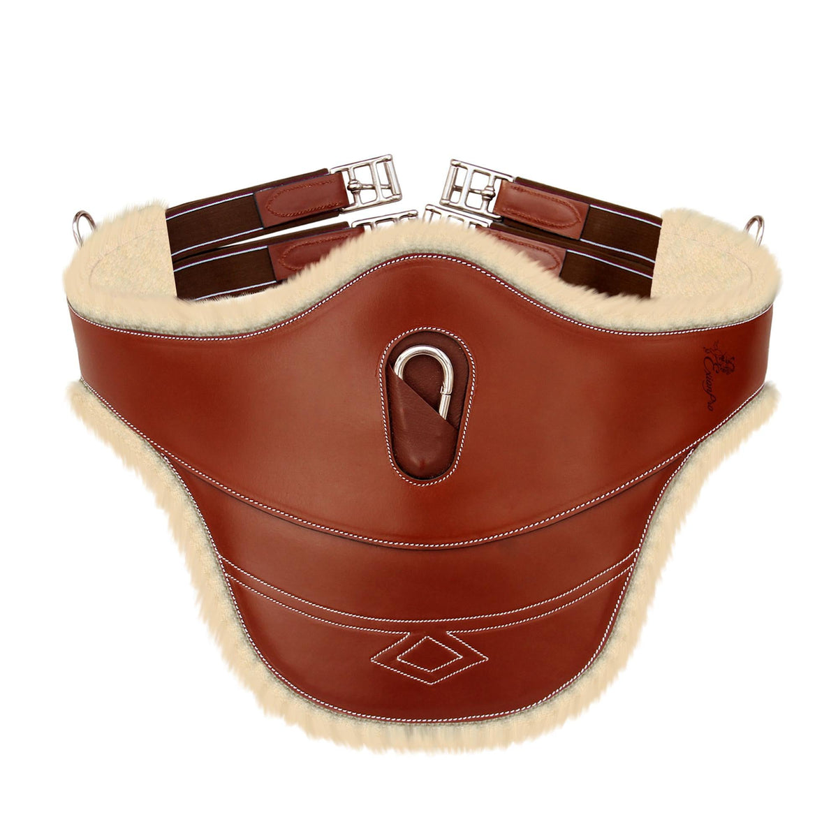Reddish tan belly guard girth with a cream fleece edge, center stud hook and diamond stitching, front view
