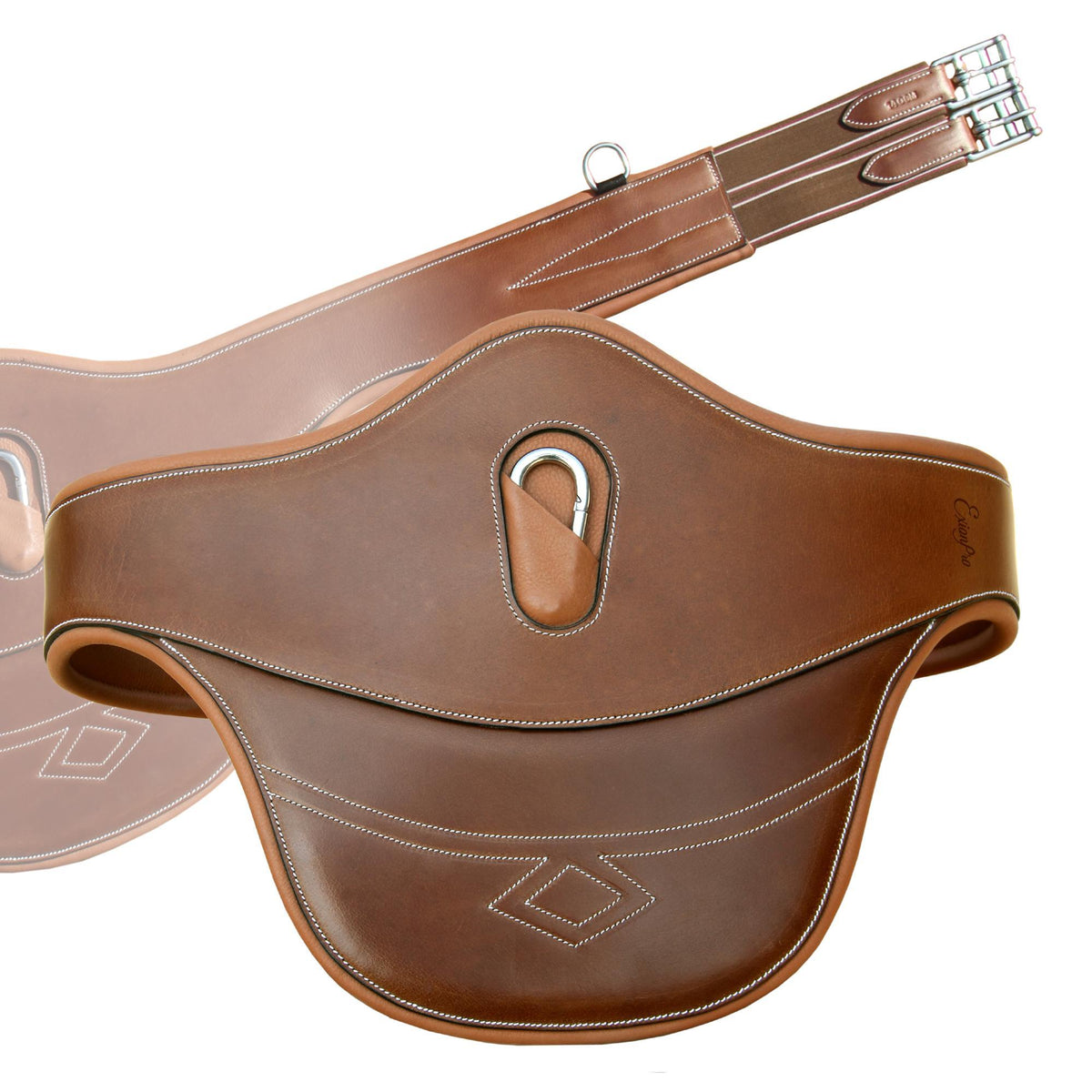 Tan brown belly guard girth with a center stud hook and white diamond stitching, angled side view on white