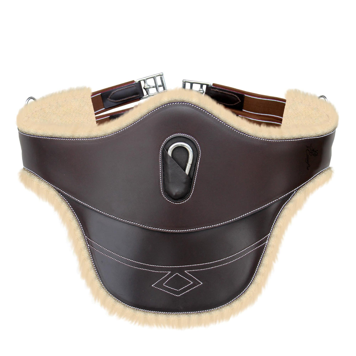 Dark brown belly guard girth with a cream fleece edge, center stud hook and elastic ends, front view on white
