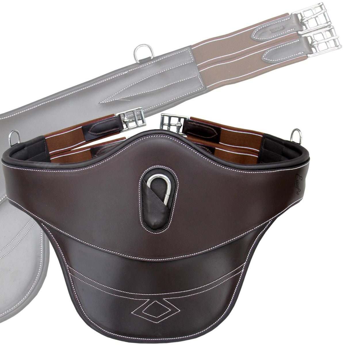 Dark brown belly guard girth with a center stud hook, white stitching and diamond detail, elastic ends and buckles