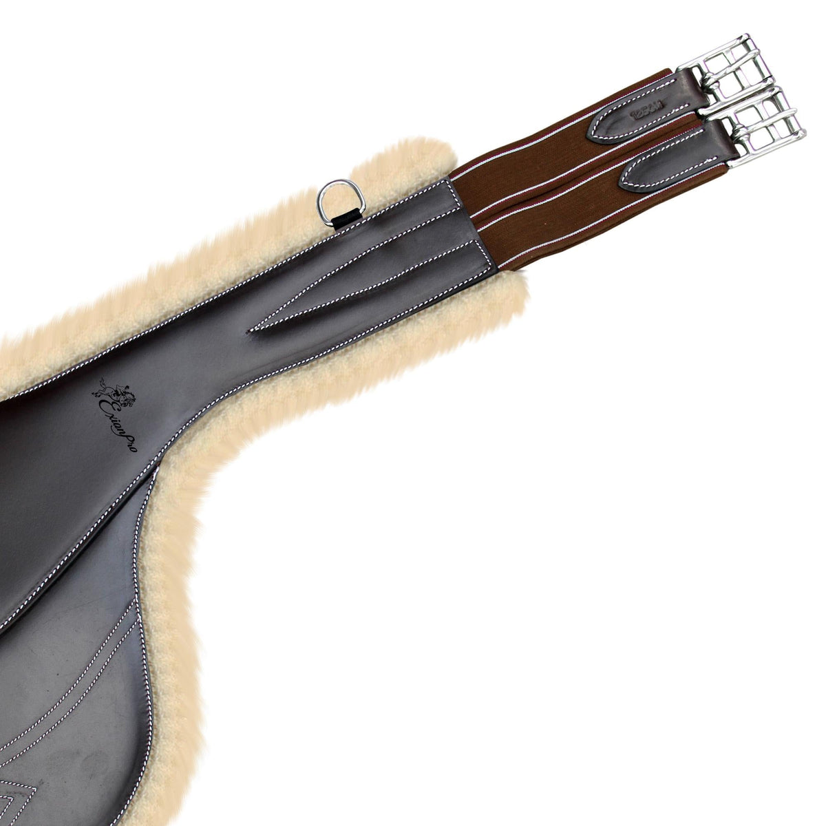 Close view of one end of the girth, showing the fleece trimmed edge, a D-ring and brown elastic straps with buckles