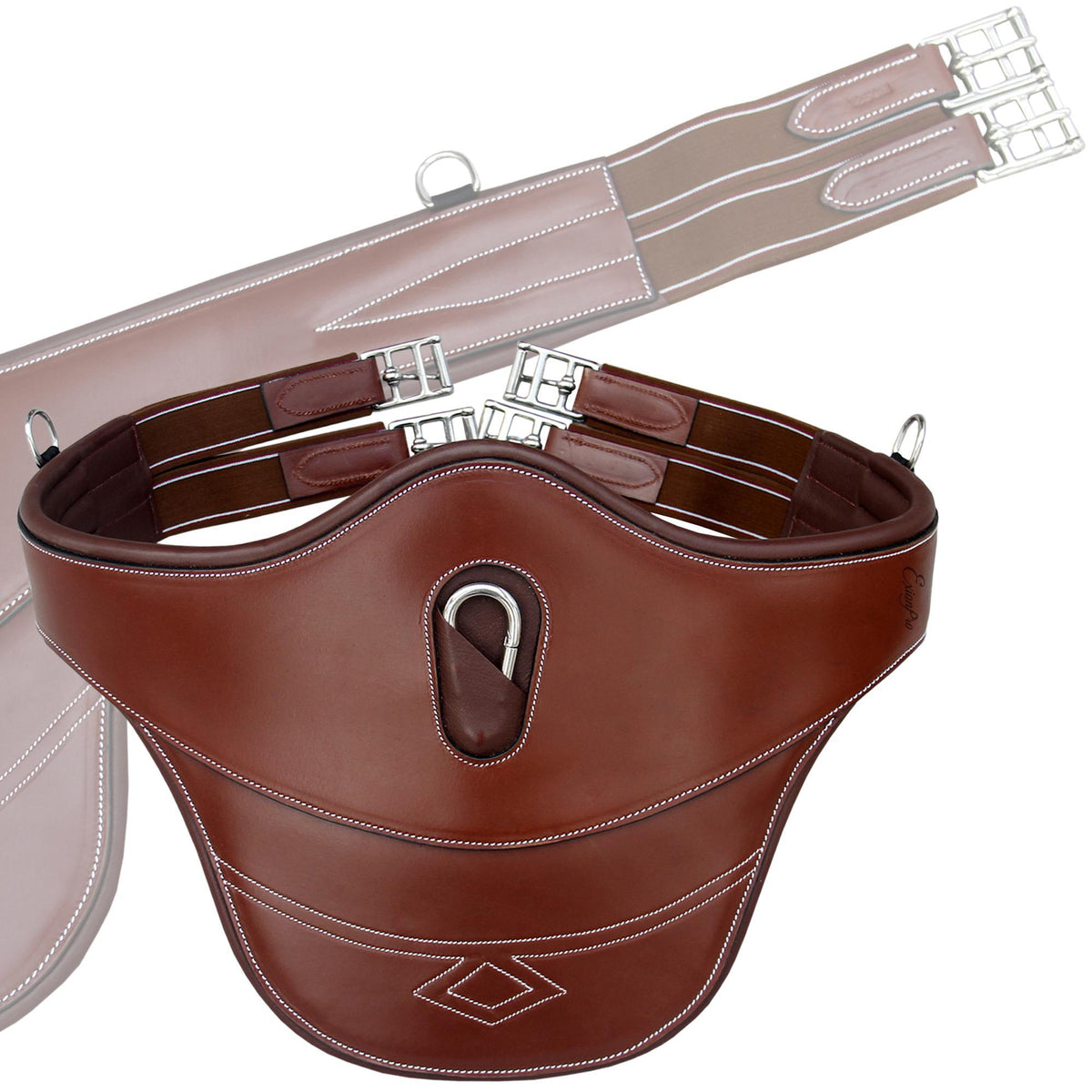Reddish brown belly guard girth with a center stud hook, diamond stitch detail and matching elastic ends
