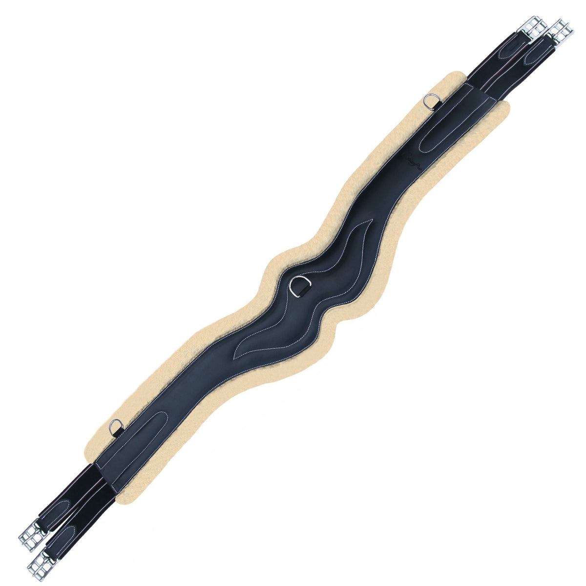 Black wave shaped girth fitted with a cream fleece liner, black elastic ends and stainless buckles, on white