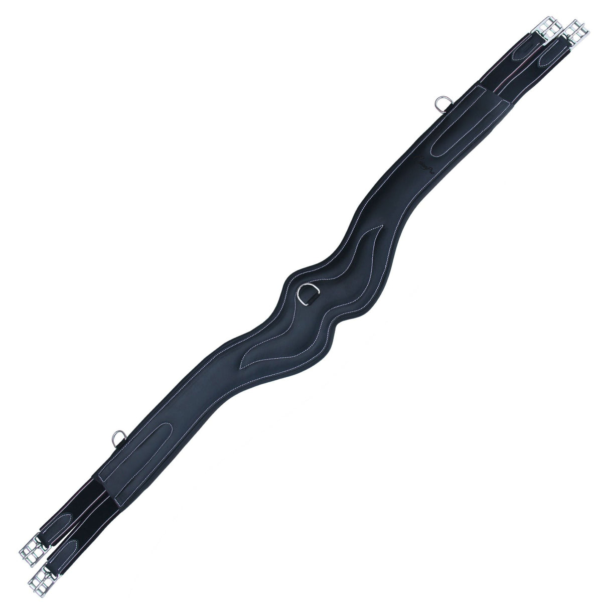 Black wave shaped girth with white stitching, black elastic ends and a center ring, flat on white