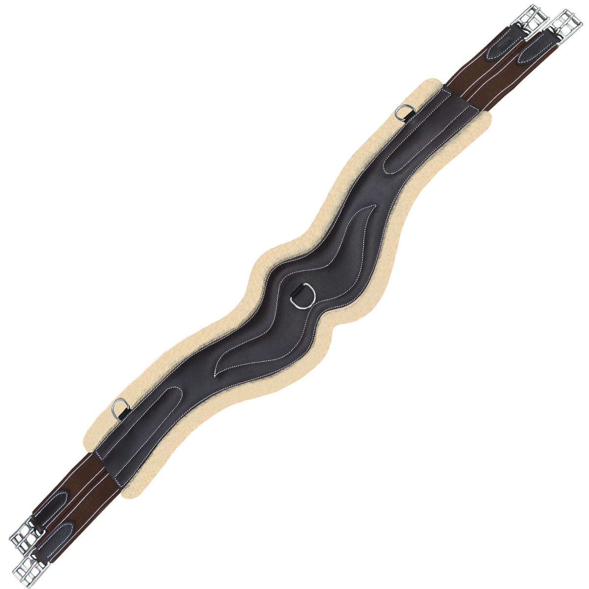 Dark brown wave shaped girth fitted with a cream fleece liner, brown elastic ends and stainless buckles, on white