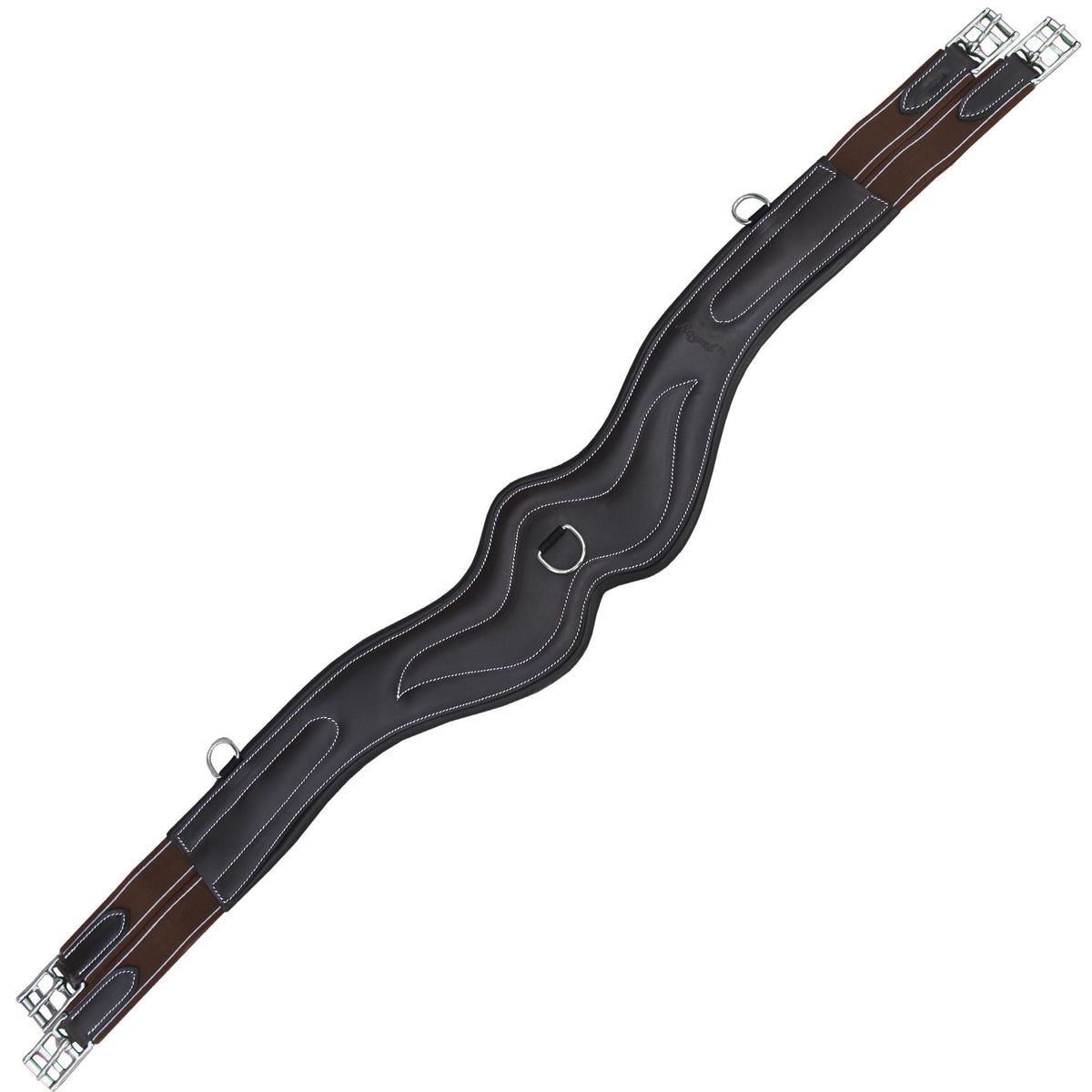 Dark brown wave shaped girth with white stitching, brown elastic ends, a center ring and stainless buckles, on white