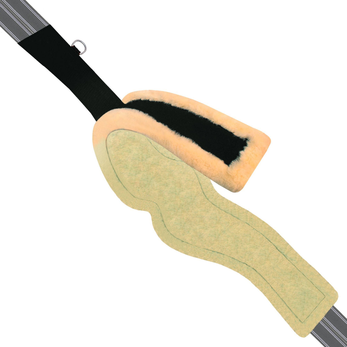 Underside of the wave girth showing the cream fleece liner, one end peeled back to reveal its black backing strip