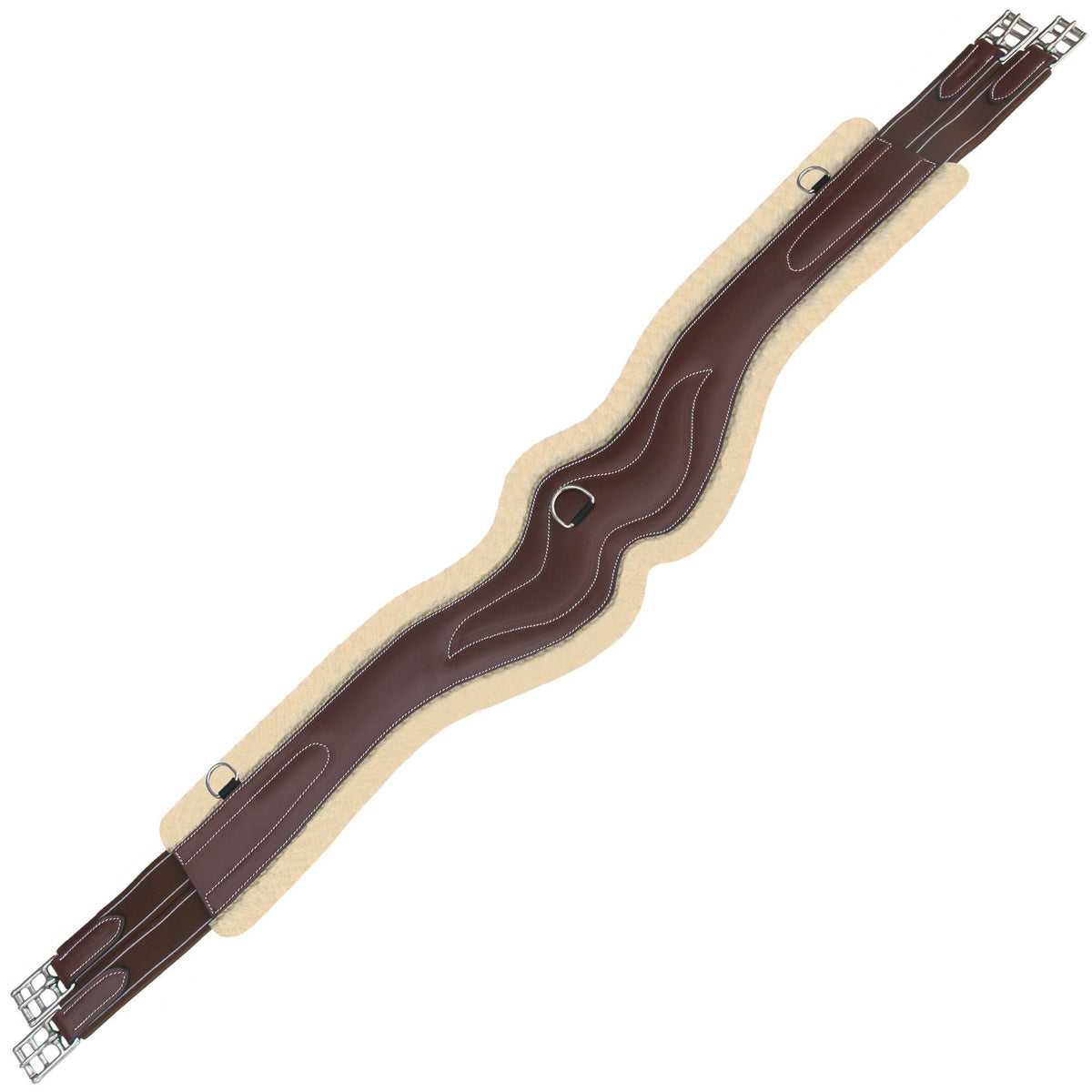 Reddish brown wave shaped girth fitted with a cream fleece liner and brown elastic ends, flat on white