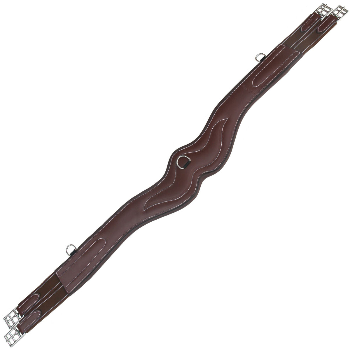 Reddish brown wave shaped girth with white stitching, brown elastic ends and a center ring, flat on white