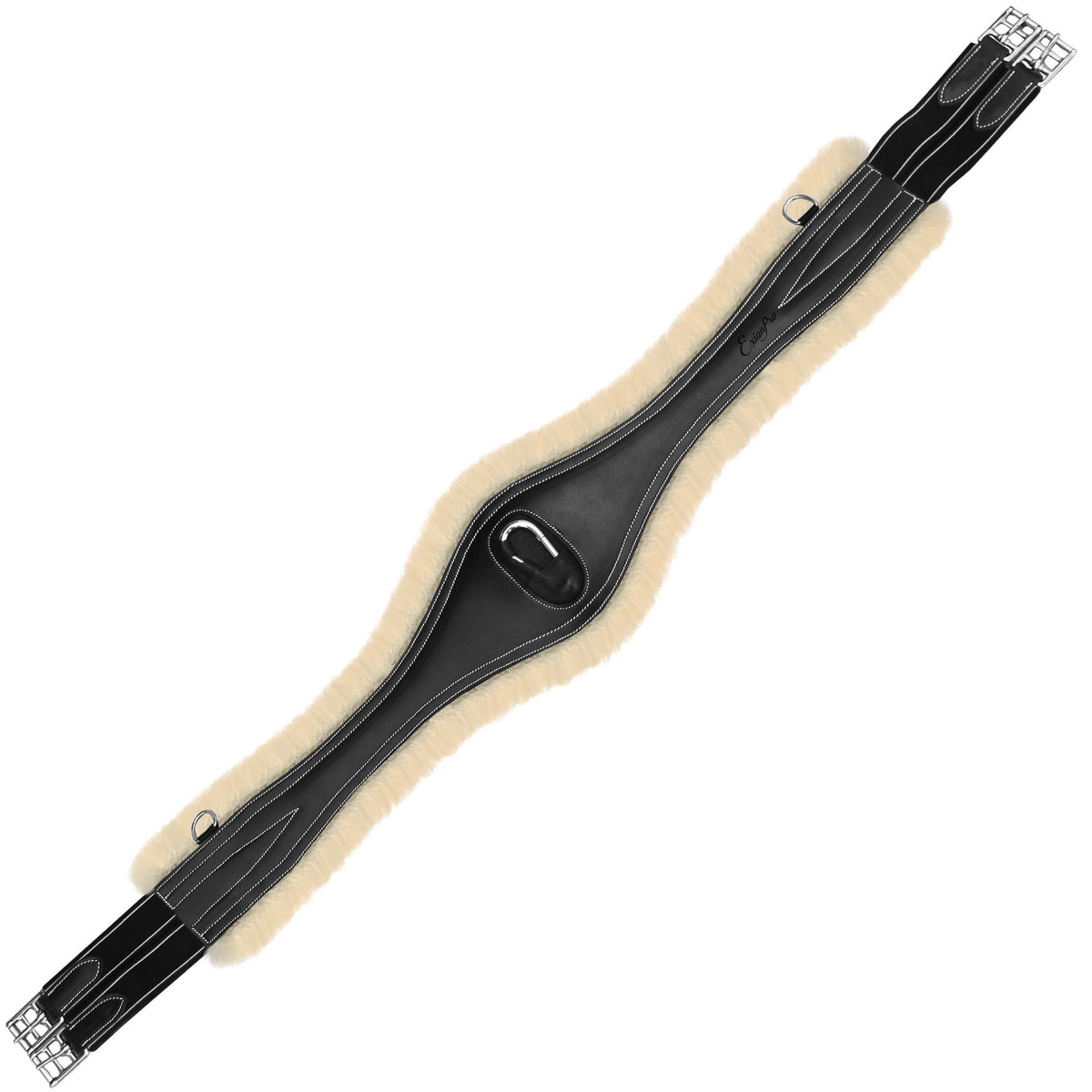 Black contoured girth fitted with a cream fleece liner, black elastic ends and stainless buckles, flat on white